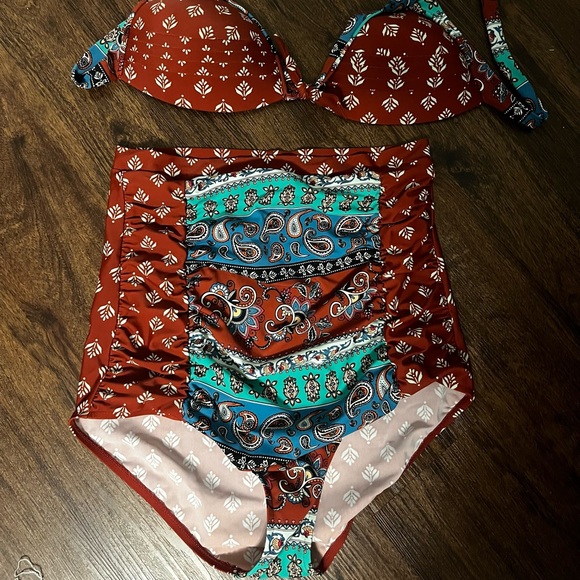 Coeur De Vague Paisley High Waist Bikini US 12 L Dark Red - Picture 3 of 4